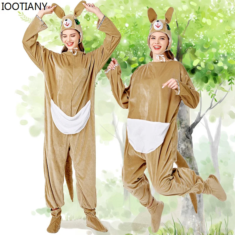 

Adult Halloween Kangaroo Hooded Bodysuit Animal Cosplay Kangaroo Stage Performance Costumes Women Carnival Pajama Party Dress Up