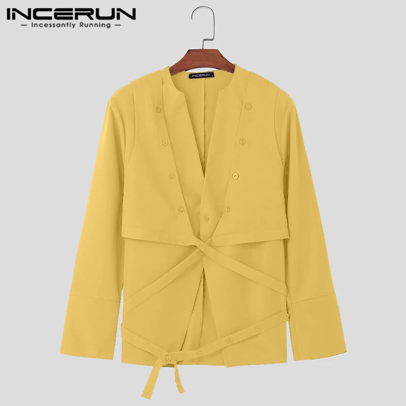 INCERUN Men Irregular Shirts Solid Color V Neck Long Sleeve Casual Men Clothing Streetwear 2024 Korean Style Fashion Male Shirts