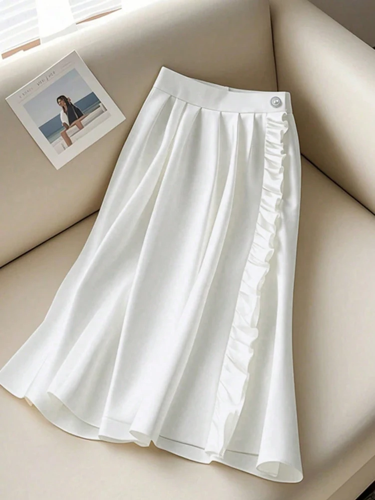 

Плиссированная кружевная элегантная французская однотонная атласная кружевная юбка трапециевидной формы, офисная одежда, повседневный стиль, подходит для всех сезонов