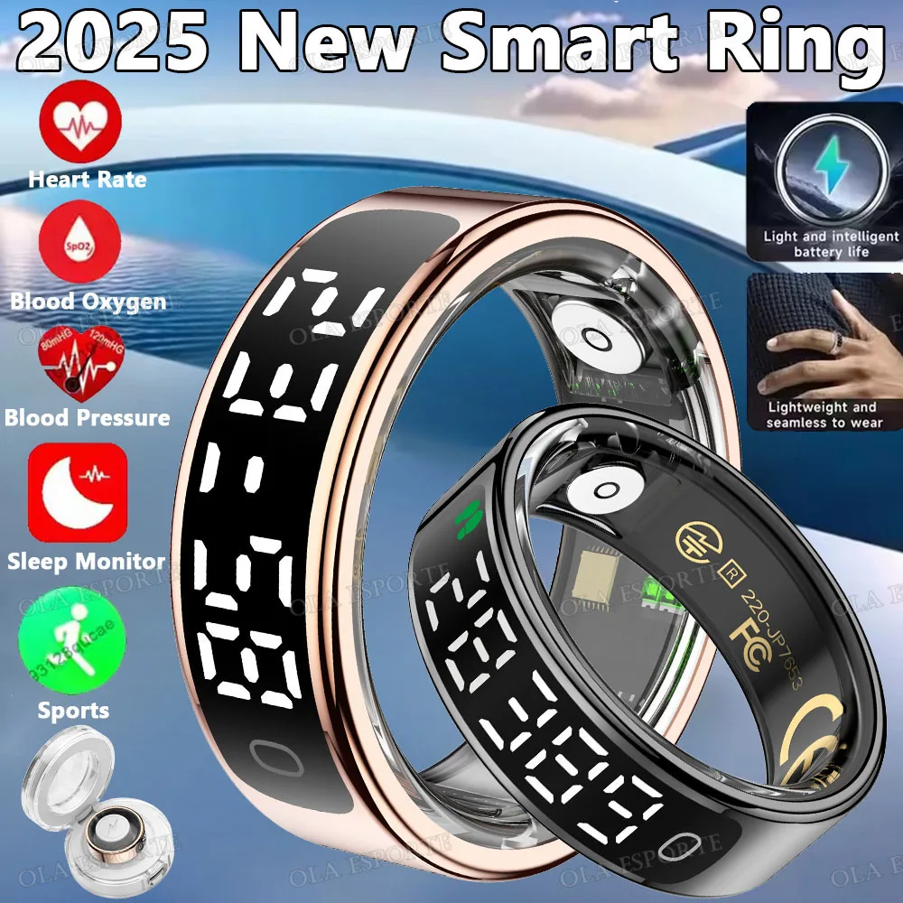 النساء الرجال الذكية حلقة شاشة عرض LED مقاوم للماء بلوتوث النوم مراقبة الصحة لفتة التحكم شحن لاسلكي حلقة رياضية
