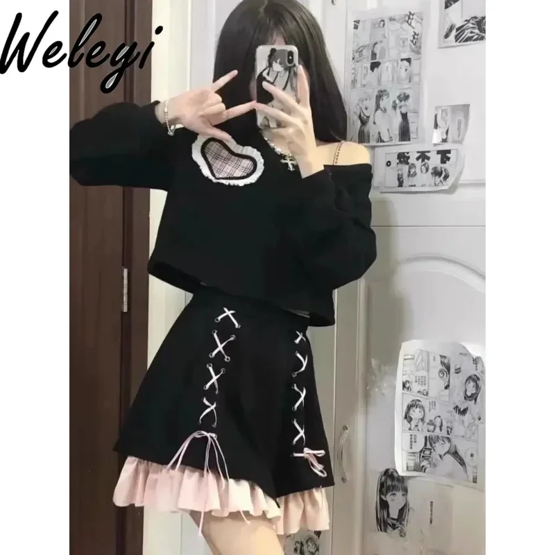 

Japanese Y2k Cute Skirt Suit Spring Women's Yabi Style Black Long Sleeve Short Sweatshirt Stitching Bandage Skirt Two Piece Set