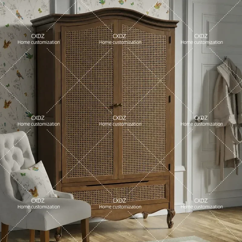 Solid Wood Wardrobe Rattan Retro Style Independent Closet for Small Apartment Bedroom Storage Cabinet Furniture