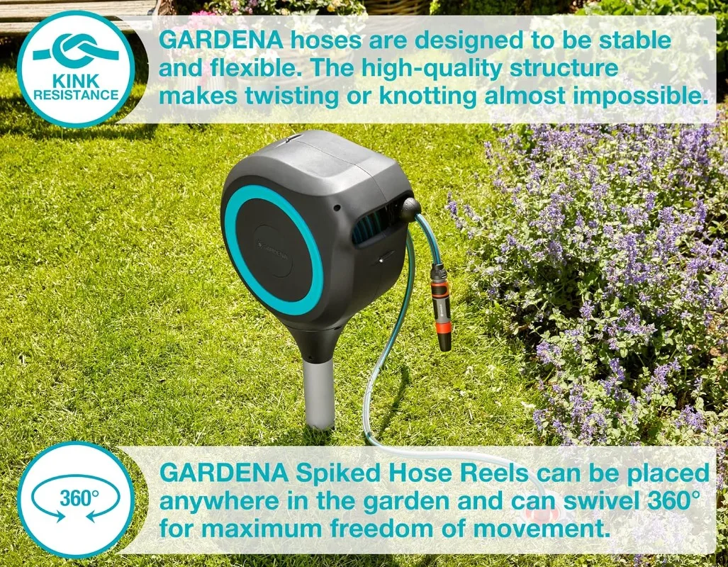 Gardena 66 Foot Auto Retractable Hose Reel on Metal Spike, Feet, Standard, Turquoise, 18614-20