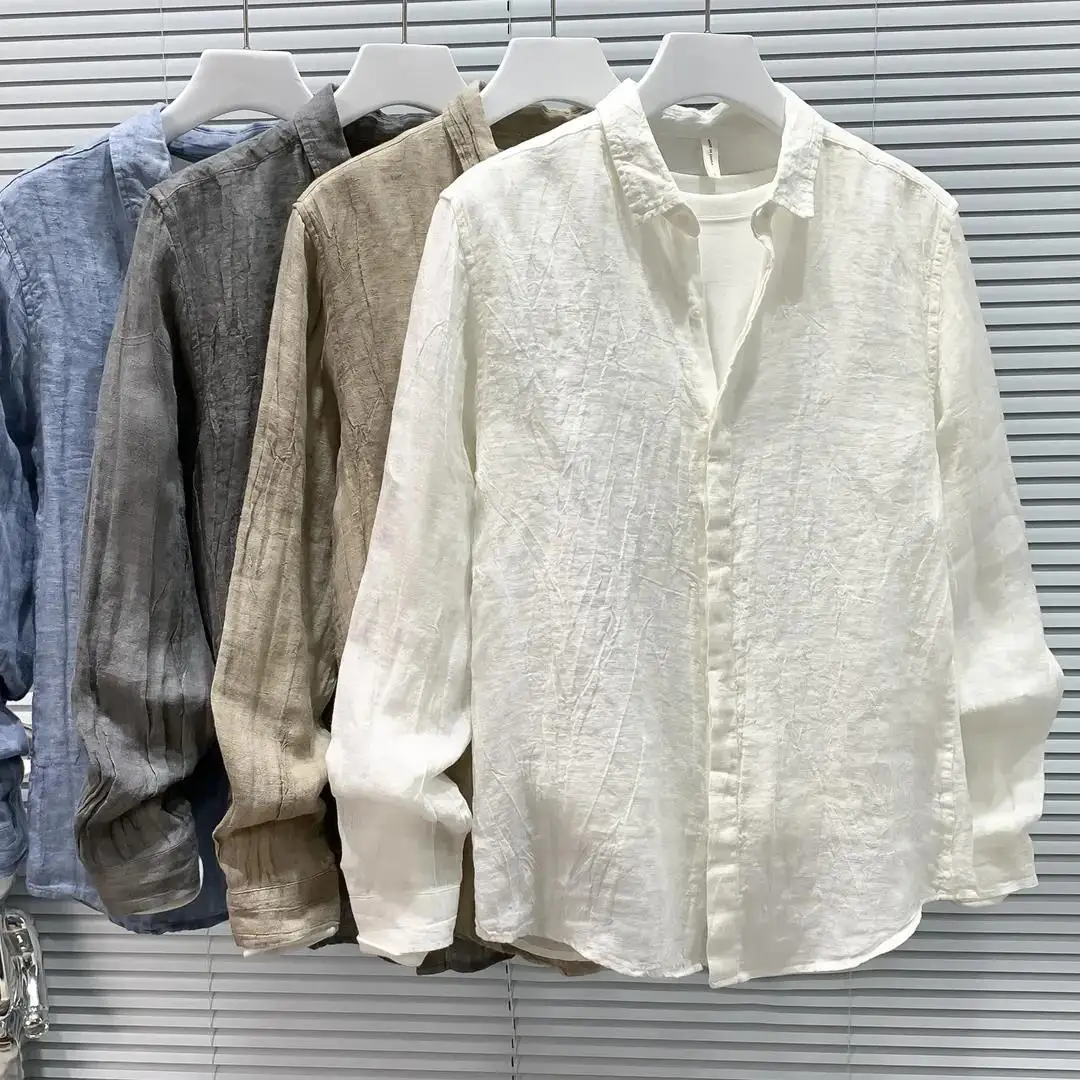 

Summer 2024 Men's Loose Fit Long Sleeve Linen Shirt Vintage Crumpled Lightweight Simple Design Outerwear Thin Style Fashionable