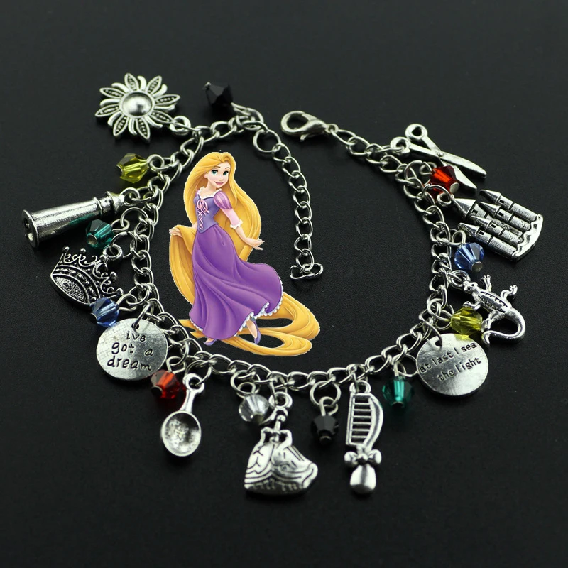 Disnes Princess Rapunzel Pendant Bracelet Anime Movie Tangled Rapunzel DIY Inspired Jewelry Charms for Women Accessories Gift