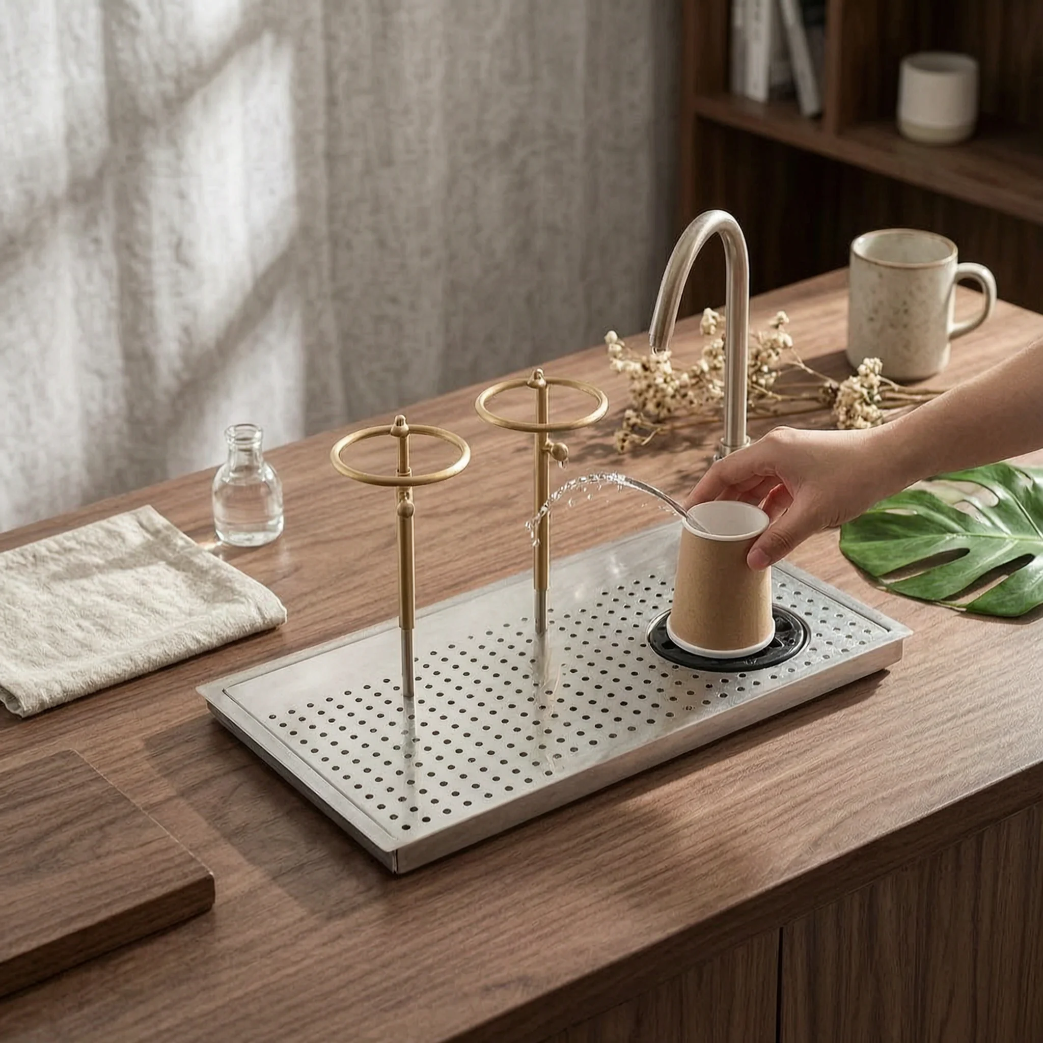 Coffee Rinsing Work Surface Stainless Steel Tea Prep Tray with Drain Sink Built-Details Baristas, Home Brewing Corners