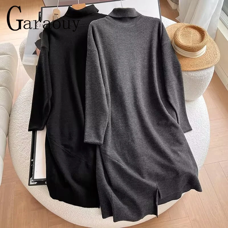 Garaouy Autumn Winter New Sweater Dress Women\'s Long Pullover Loose Versatile Elegant Knitwear Bottom Long V-Neck Dresses