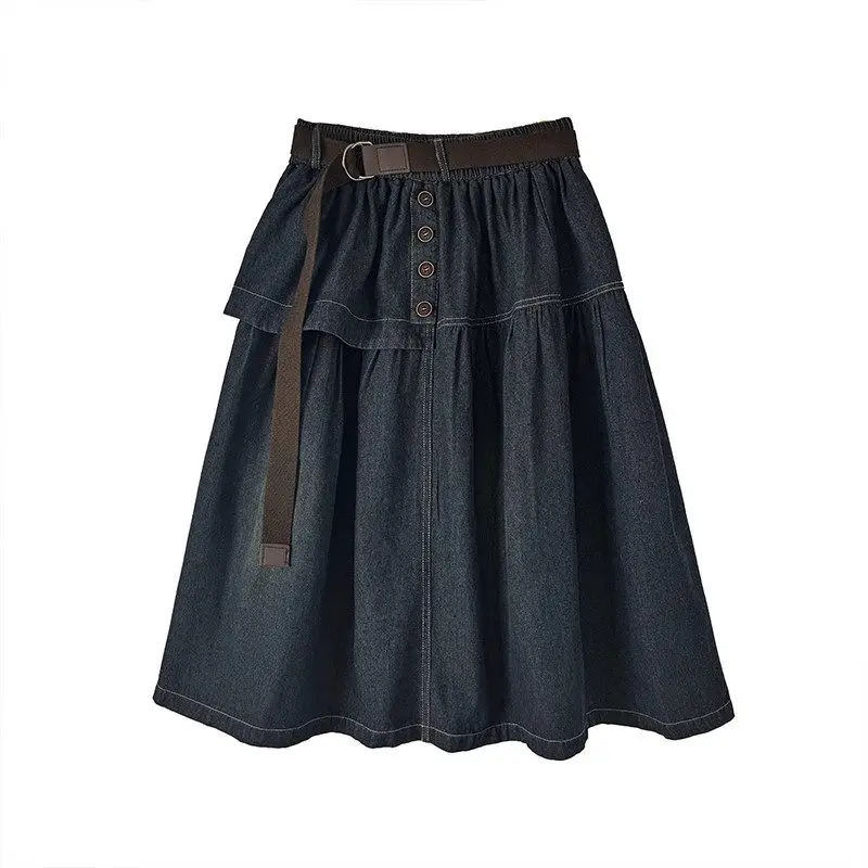 Jupe trapèze en Denim rétro artistique pour femmes, taille haute, extensible, décontractée, Vintage, avec ceinture réglable, été 2025, G707