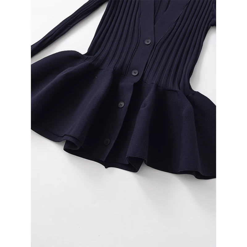 Yenkye primavera 2026 feminino botão frontal bud azul marinho malha mini vestidos manga longa decote em v roupas chiques