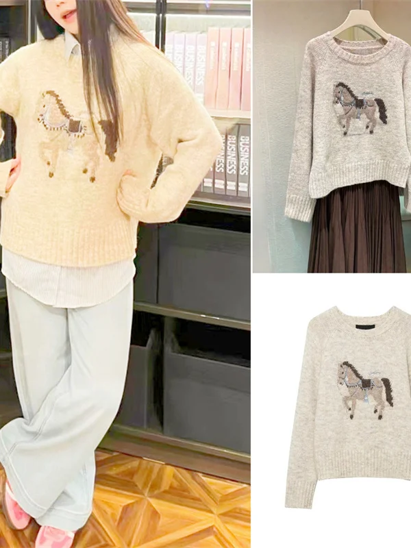 

Зимний новый модный пригородный вязаный свитер Long Sve с круглым узором и вышивкой из смеси шерсти, повседневная одежда