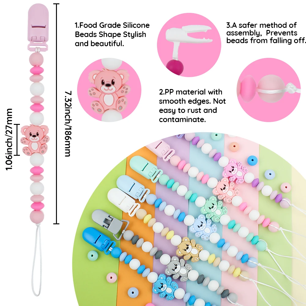 مشابك مصاصة ضد الضياع للطفل ، حامل الحلمة ، حبات سيليكون على شكل دب ، دمية تسنين الطفل ، إكسسوارات هدايا مضغ لحديثي الولادة