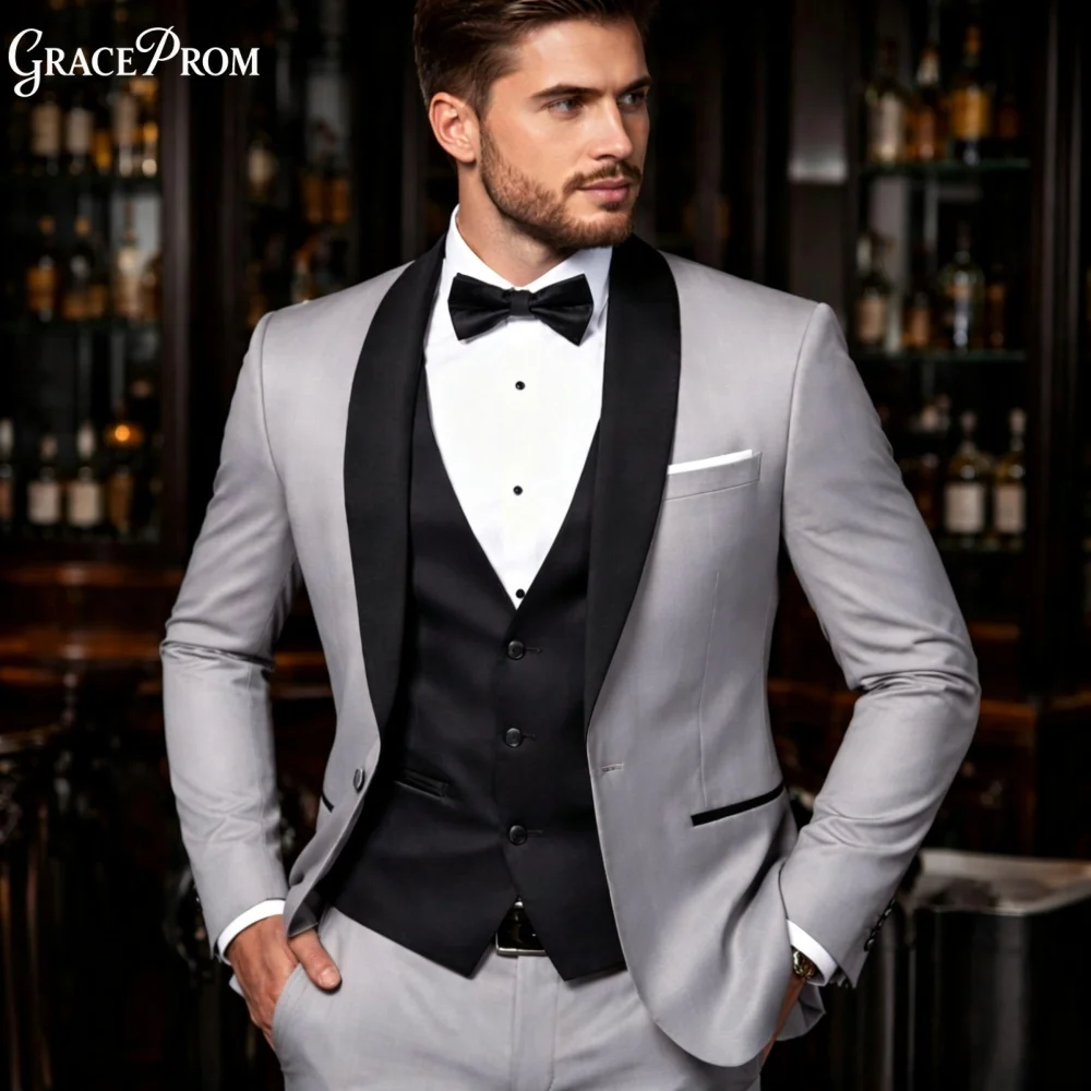 Luxury Light Grey Black Lapel Men Suit Set 3PCS 2027 For Wedding Formal Business Groom And Best Man Office Customized Men's Suit