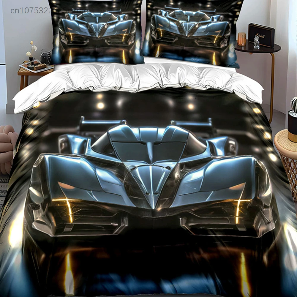 3D Metallic Supercar Racing Bedding Set,Futuristic Sports Car Print Duvet Cover Set,Luxury Cool Microfiber 3PC For Teen Men Room