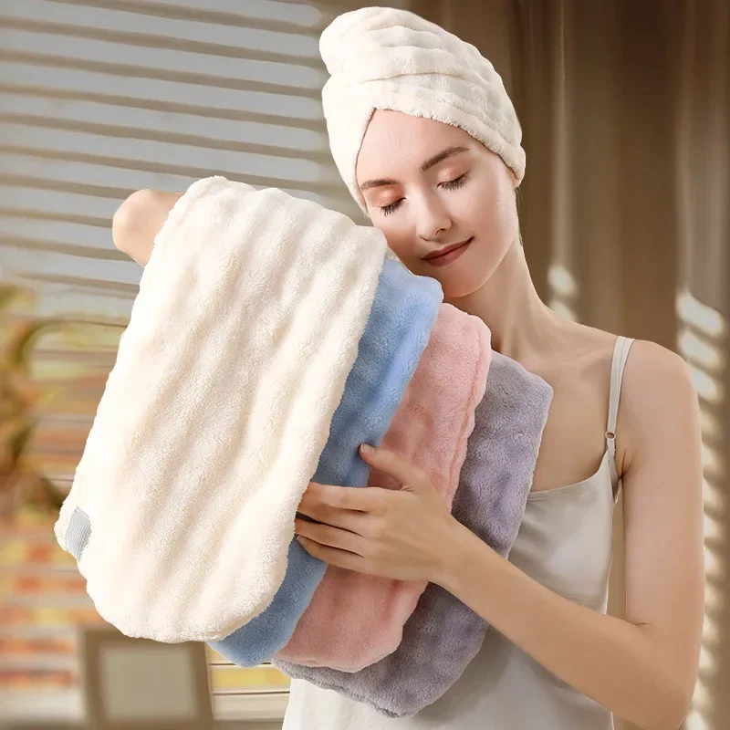 Thickened Super Absorbent Dry Hair Cap 3Pcs Faux Rabbit Hair Solid Hair Towels Simple Coral Fleece Double Shower Cap with Strap