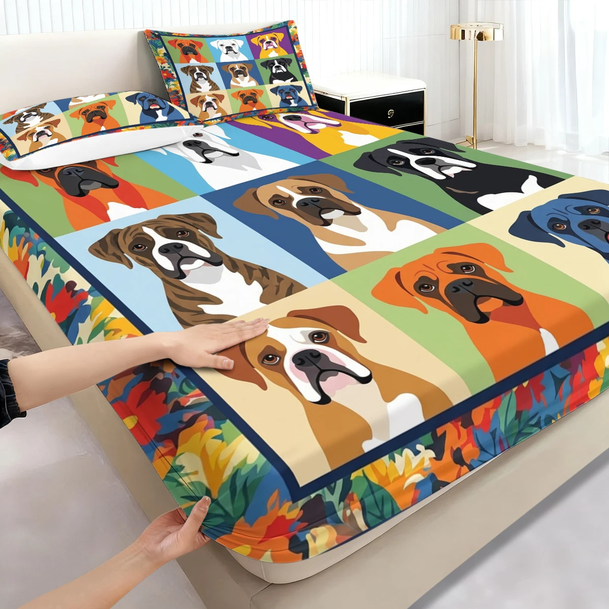 Floral Frame Boxer Dog Fitted Sheet 3PCS, Six Panel Multicolor Background Boxer Puppy Head Portrait Bed Sheet with Pillowcases