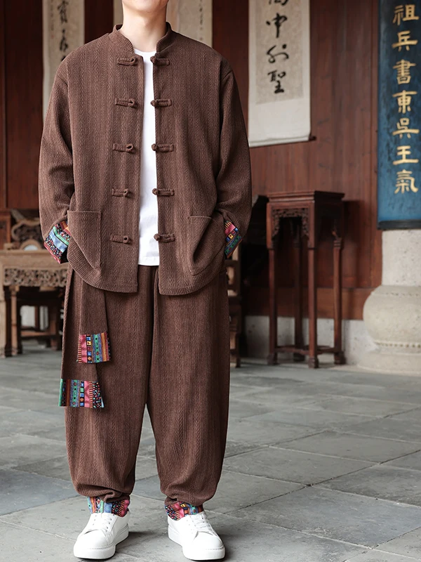 Men's Corduroy Jacket Collar Shirt Long Sleeve Autumn Wear Polyester Fiber Youth Fit Traditional Ethnic Print Monastic Set