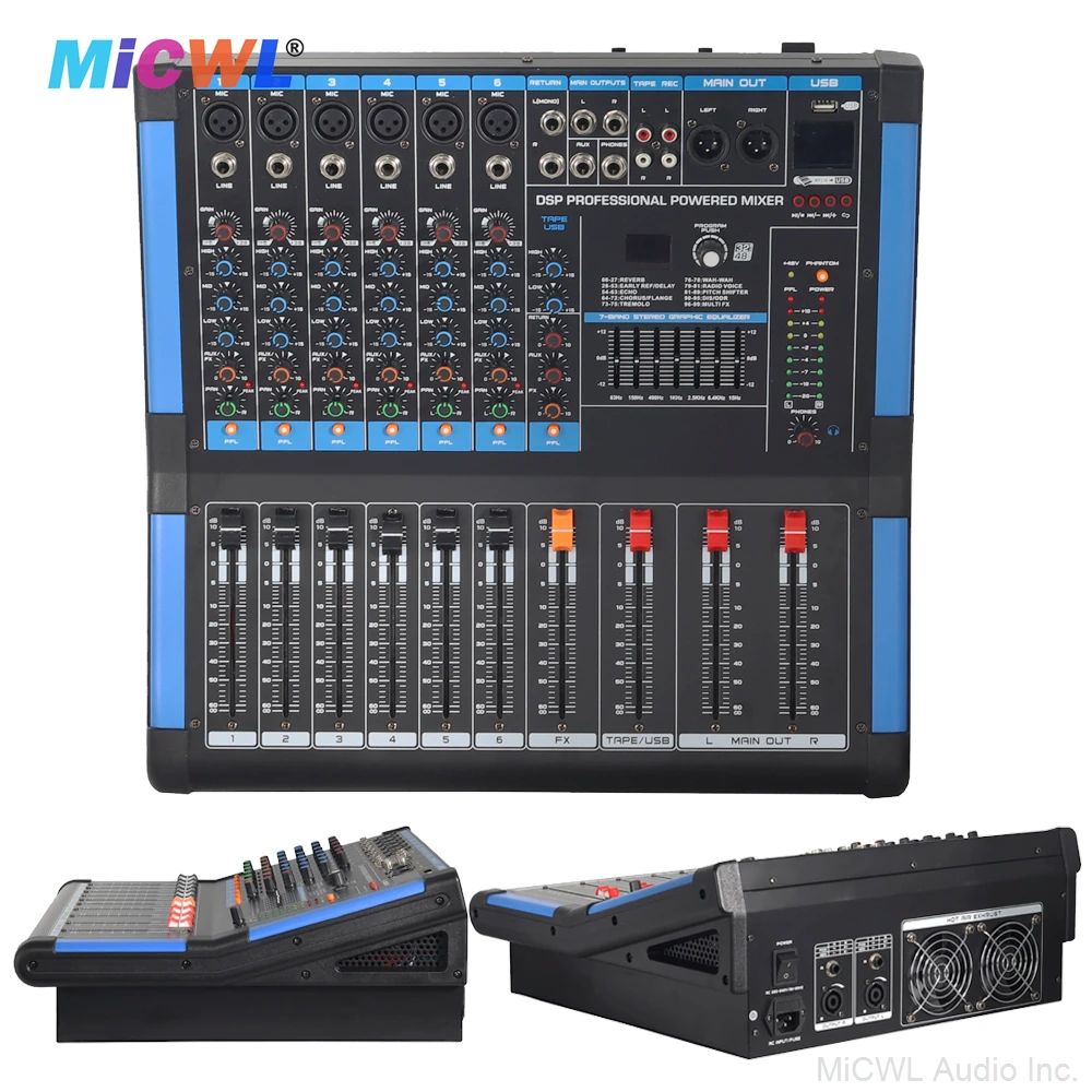 Professional Big Power Mixer 6 Channel 1200W Amplifier Driving Speaker With 48V Blue Tooth USB Wireless Wired Microphone Input