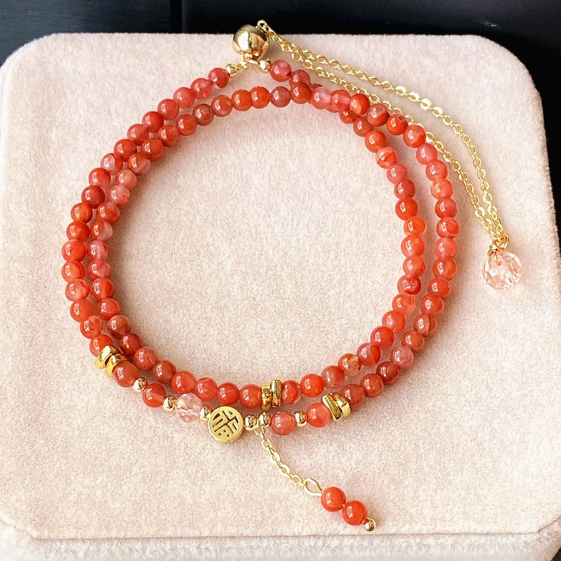 Nanhong, Ice Piao Nanhong agate, Xiaomi bead bracelet, new Chinese multi-layer double-circle stacked bracelet, bracelet.