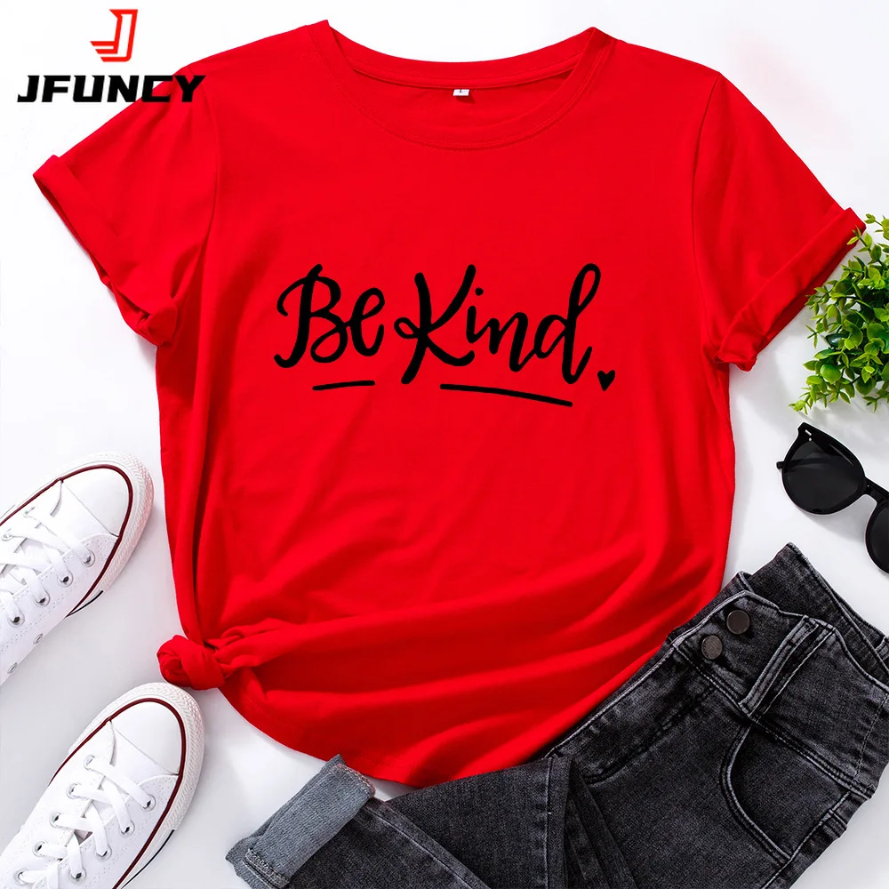 JFUNCY Women's T Shirt 100% Cotton Short Sleeve T-shirt Be Kind Letter Print Graphic Tees Female Tshirt Woman Tops