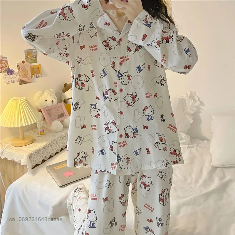 Sanrio Hello Kitty Printed Cute Pajamas Sweet Korean Style Home Wear 2022 New Autumn Long Sleeved Red Cartoon Clothes For Women