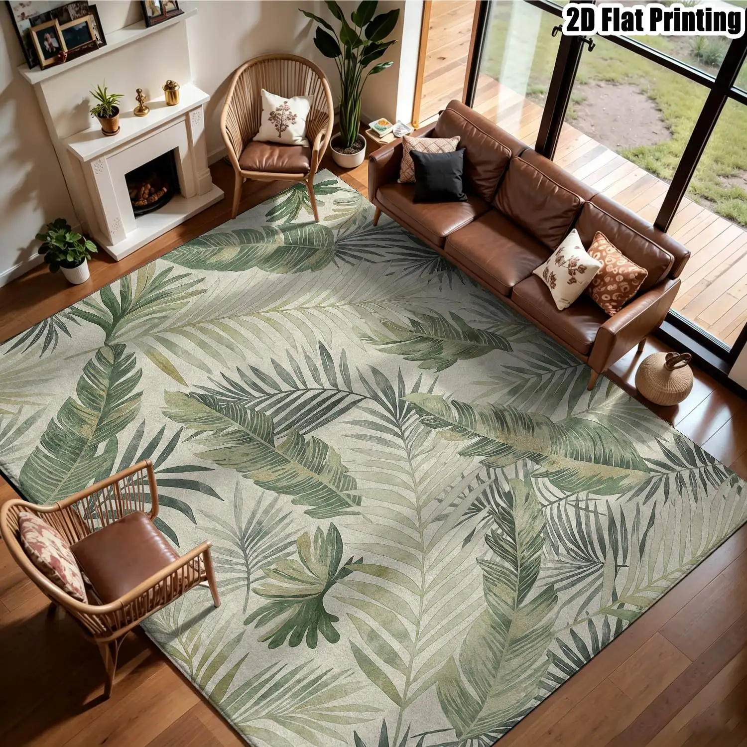 1Pc 2D Printed Tropical Green Plant Pattern Nordic Carpet, Instagram-Style Floor Mat, Modern Minimalist Home Decor Rug, Multi-Size, Machine Washable, Perfect for Entrance, Dining Room, Foyer, Bedroom, Living Room