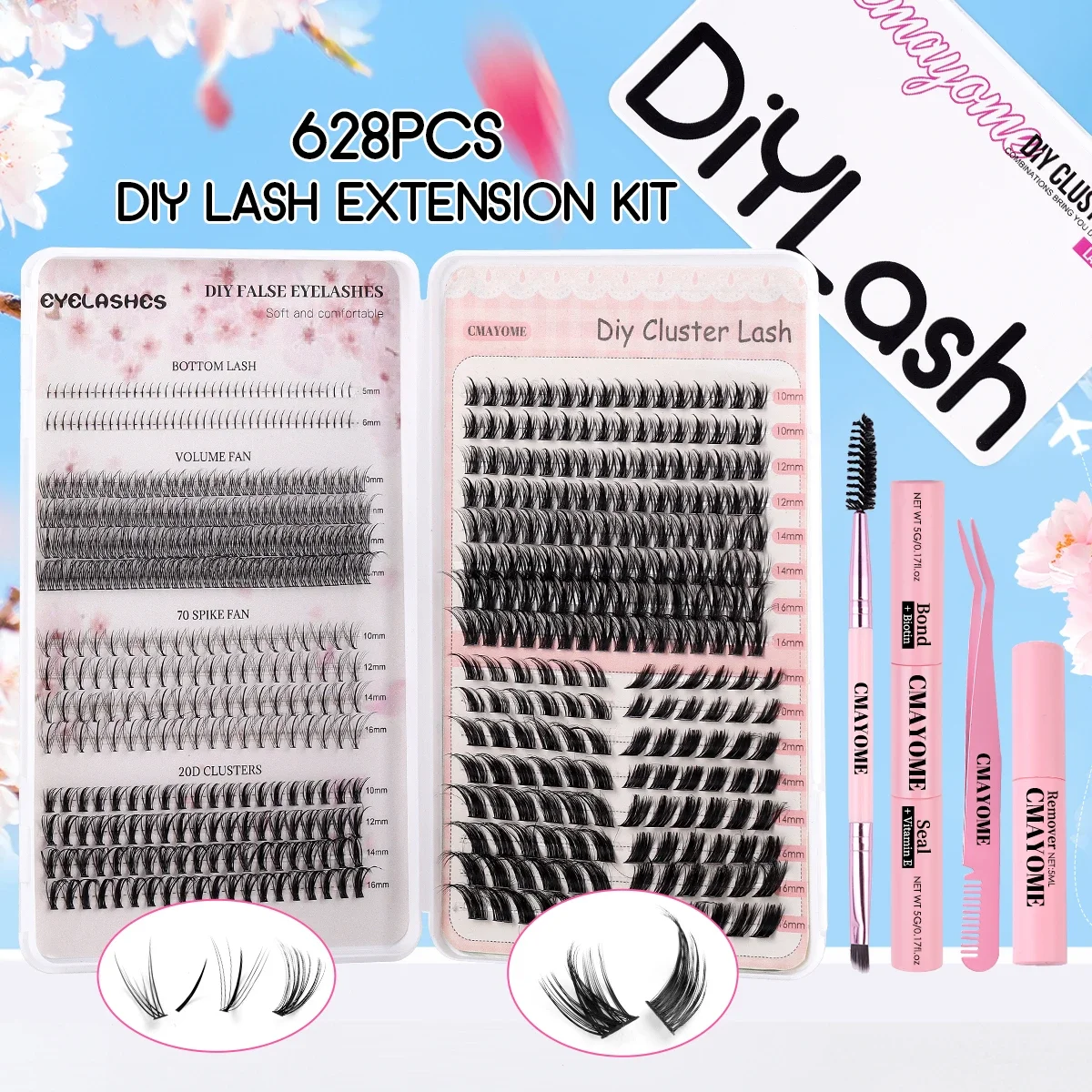 Lashes Clusters Kit 628 Pcs Individual Lashes Clusters DIY Natural Eyelash Extensions False Eyelashes Wispy Fluffy Lash Reusable