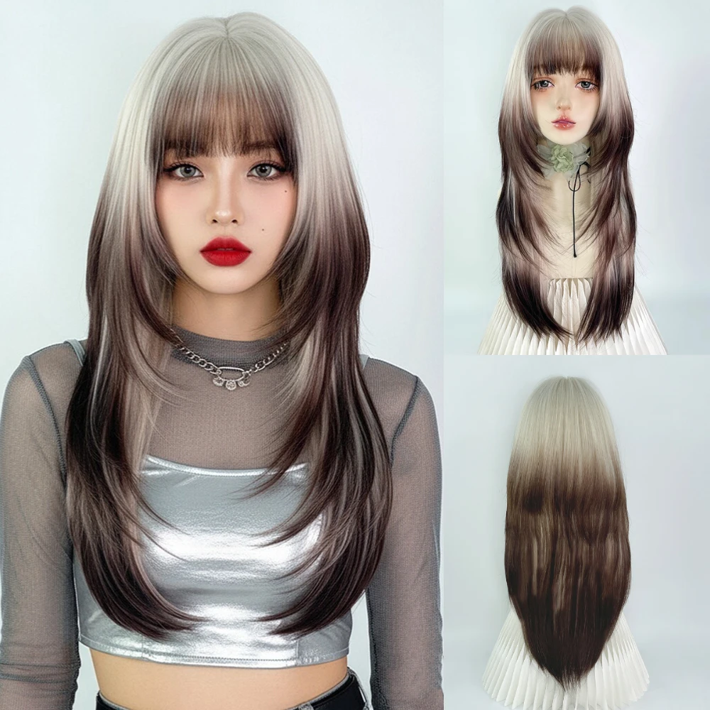 วิกผมยาวตรงสีน้ำตาลผสมสีบลอนด์สำหรับผู้หญิง วิกผมสังเคราะห์สำหรับคอสเพลย์สไตล์โลลิต้า พร้อมหน้าม้า ทนความร้อน เหมาะสำหรับใช้ในชีวิตประจำวัน