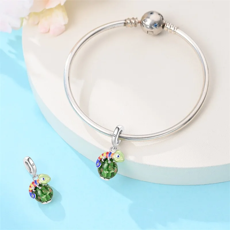 

925 Sterling Silver Noctilucent Glass Chameleon Charms Pendant Fit 3mm Original Bracelet DIY Women Exquisite Party Jewelry Gifts