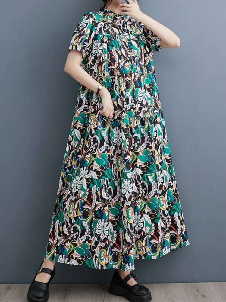 Oversized Summer Long Dress Women Floral Print Modis Casual Loose Ladies Dresses Short Sleeve Ruffle Pleated Woman A-Line Dress