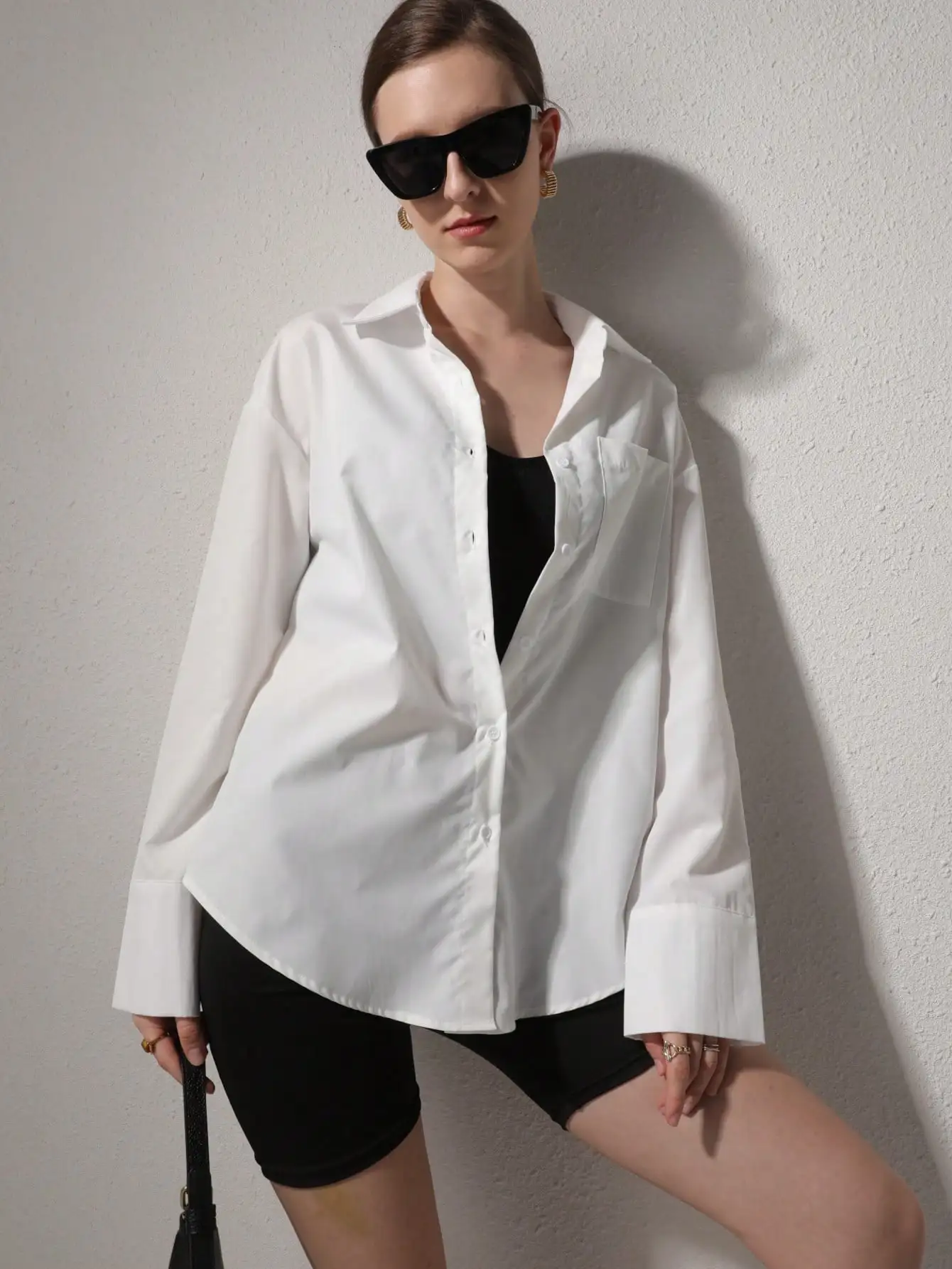 

Женская свободная рубашка с длинным рукавом, однотонная, повседневная, весна-лето-осень