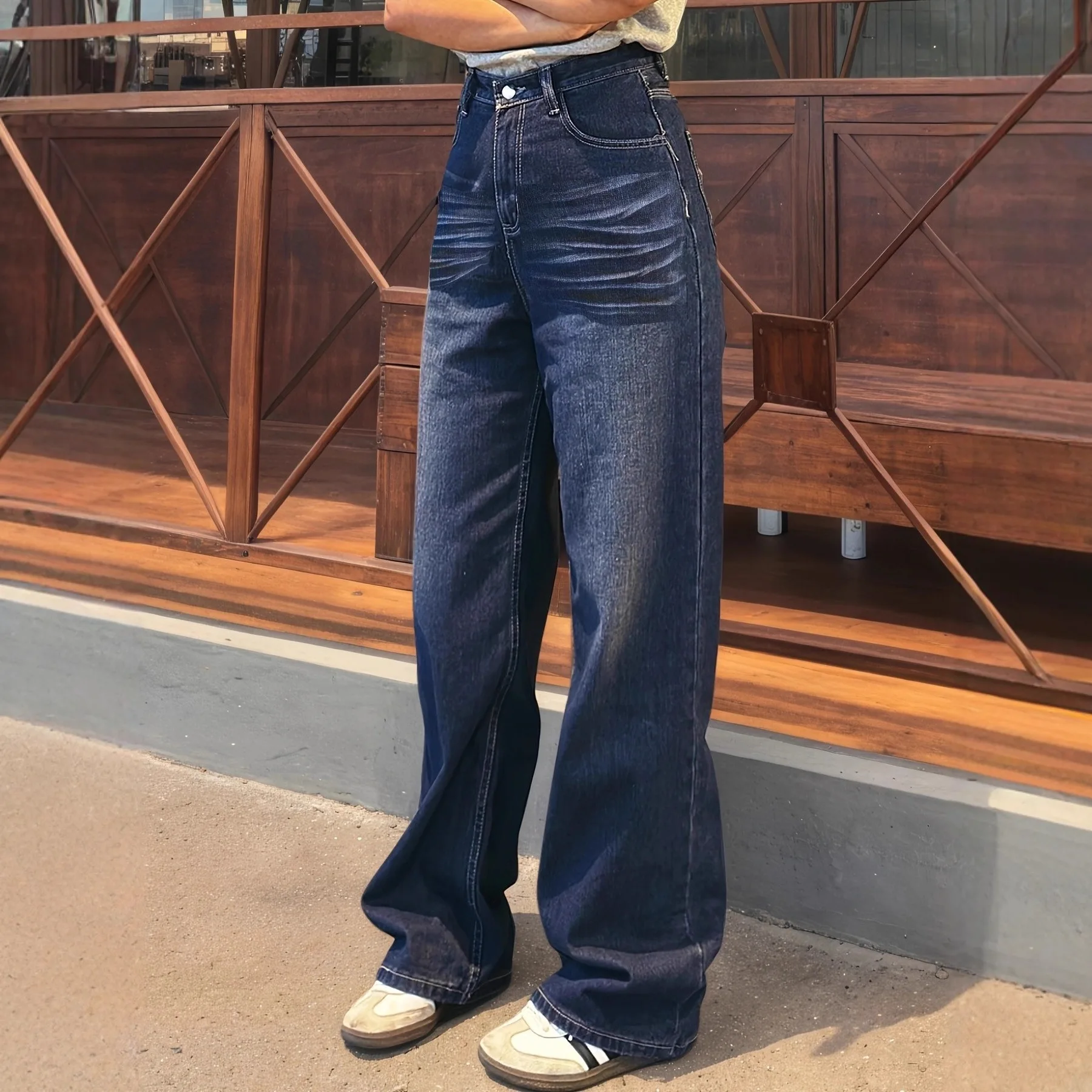 

Полноразмерные джинсы, женские прямые джинсовые потертые джинсовые брюки, слегка эластичная винтажная свободная посадка, осенние карманы