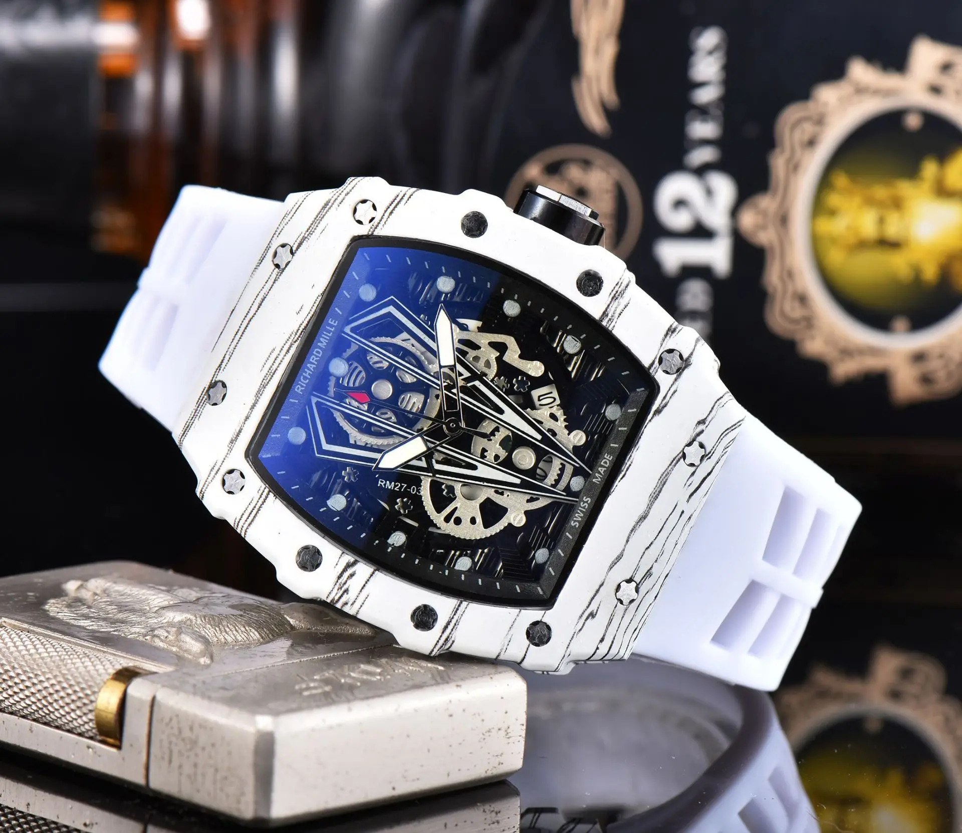 2024 new silicone strap square tonneau large dial watch hollowed out surface calendar quartz watch for men and Students