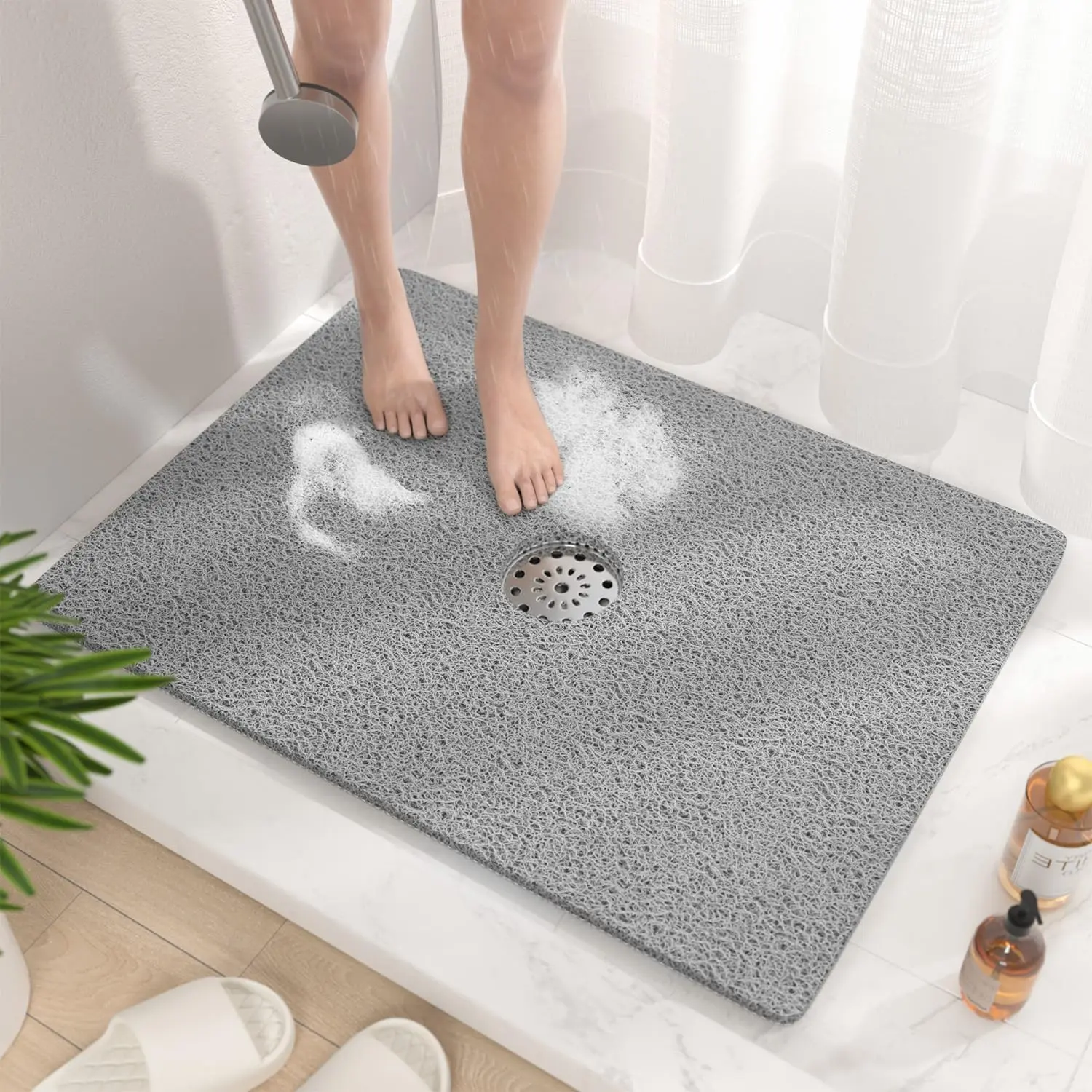 

32x24 Inch Non-Slip Shower Mat, Quick-Drying PVC Bathtub Mat with Drain Holes, Soft Bathroom Floor Mat in Grey