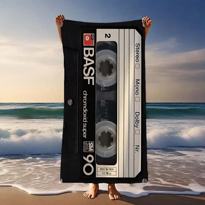 Toalla de playa de microfibra ligera con diseño de cinta de casete vintage: secado rápido, sin arena, lavable a máquina, perfecta para piscina, campamento