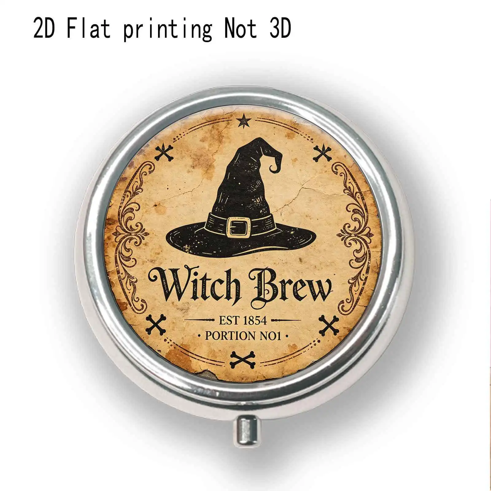 Single pack, flat, round three-compartment box, witch hat potion bottle, with circular pattern design, portable case, bright colors, suitable for outdoor travel and office medication reminders, ideal for Halloween