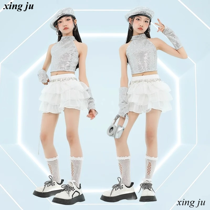Nieuwe kinderen zilveren pailletten halter vest jazz kostuum meisje street dance witte elastische gezwollen rok kinderen hiphop show outfits
