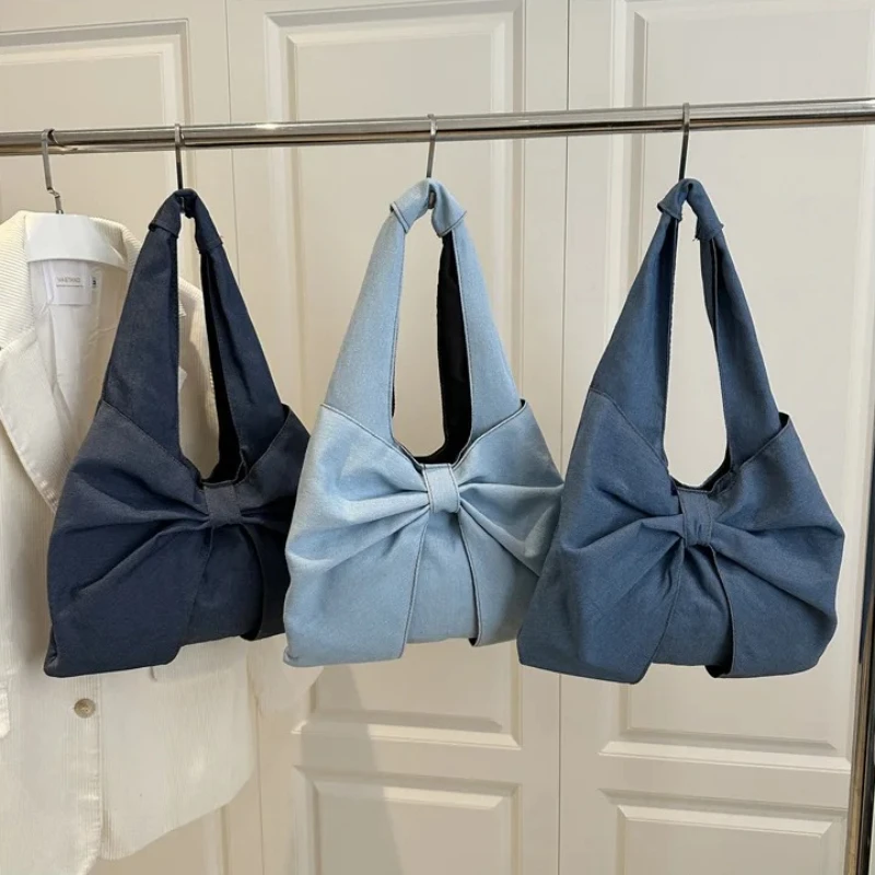 

Sweet Bowknot Design Women's Denim Shoulder Bags Large Capacity Underarm Commuter Bags Casual Lightweight Solid Color Bag