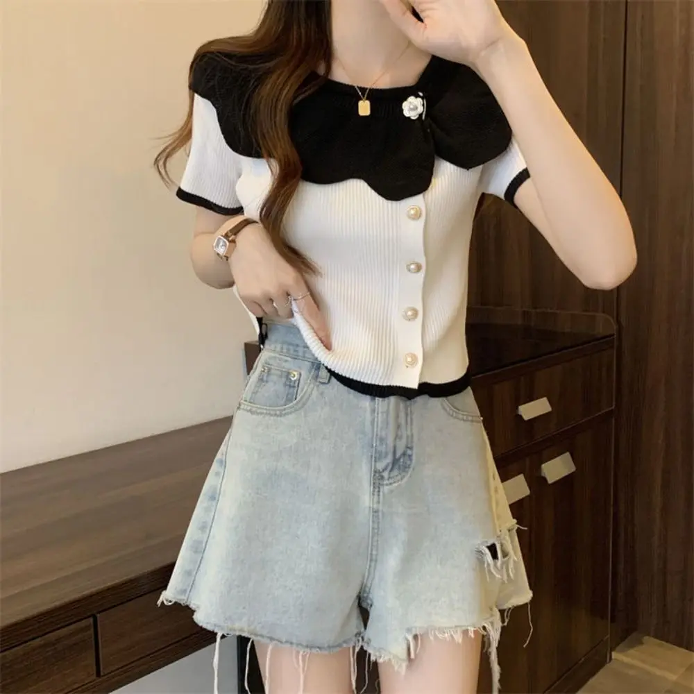 OネックフリルニットTシャツフラワーボタンショートスリムクロップトップスシャツシングルブレストストリートウェアショートニットウェアベスト夏