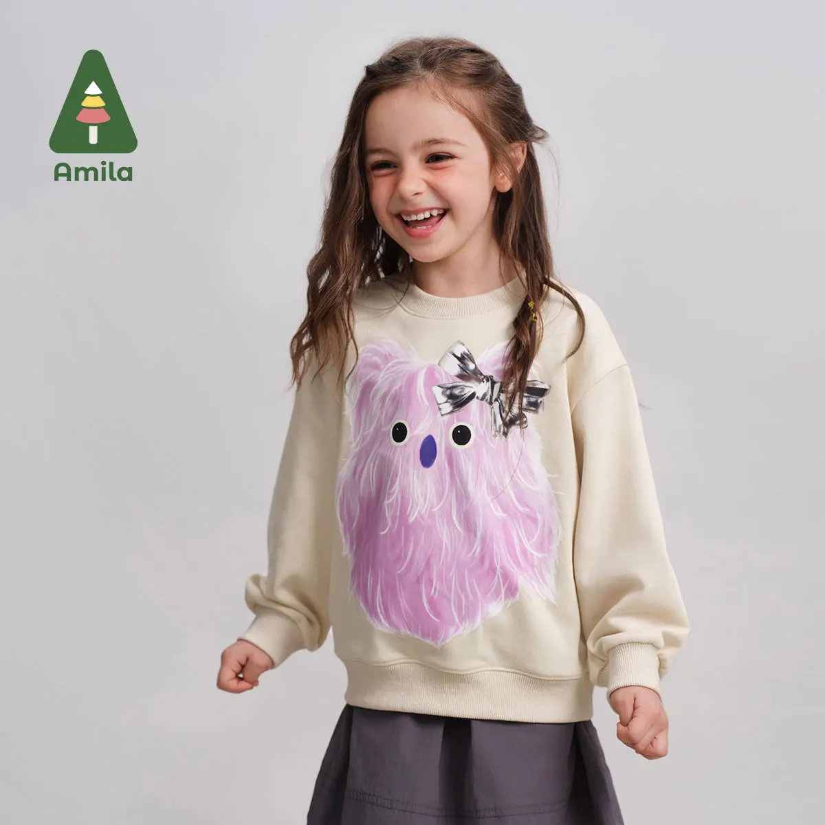 Amila Baby Sweatshirt 2024 Autumn New Boys And Girls Cartoon Round Neck Soft And Breathable Solid Color Children’s Pullover