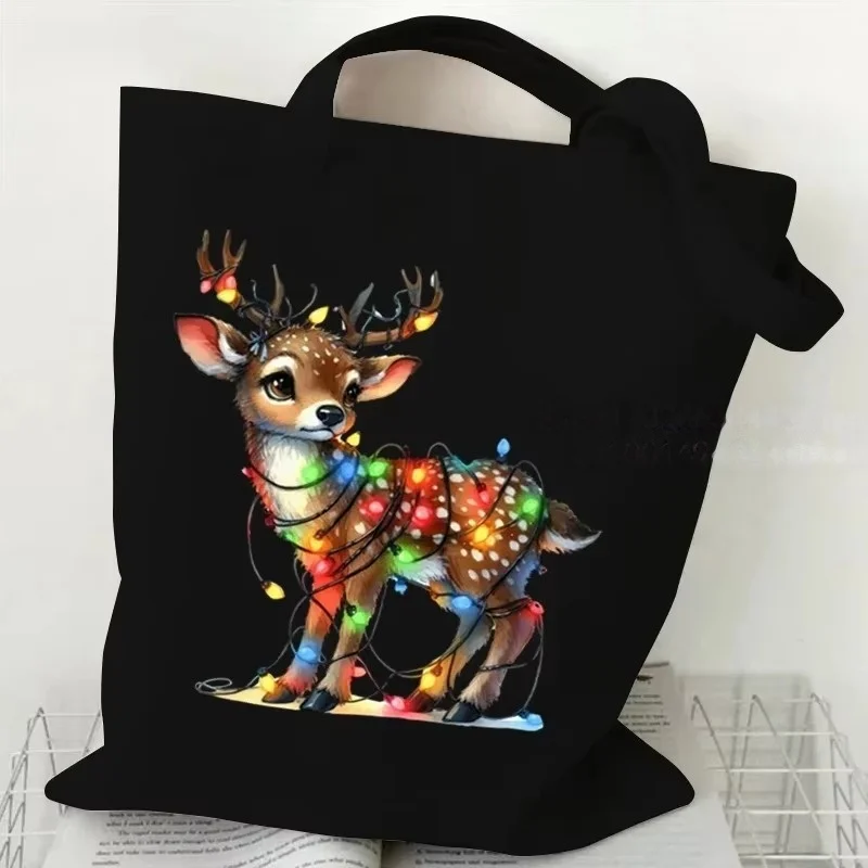 Cute Christmas Reindeer Canvas Tote Bag Cartoon Fawn Santa Hat Xmas Light Print Shoulder Handbag Casual Shopping Bag