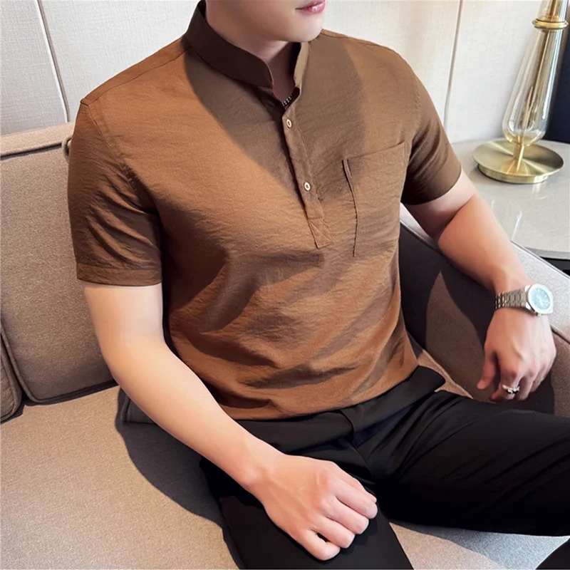 

Summer New Imitation Linen Cotton Polos Shirt Fashion Thin Short Sleeve Pleated Slim Fit Stand Collar Solid Color T-shirt 4XL-M