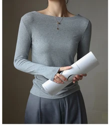 Autumn Women's T-Shirts Modal Layering Tops Solid Color Sexy Slash Neck Slim Classic Elegant Korea Winter Female Blouse C5401