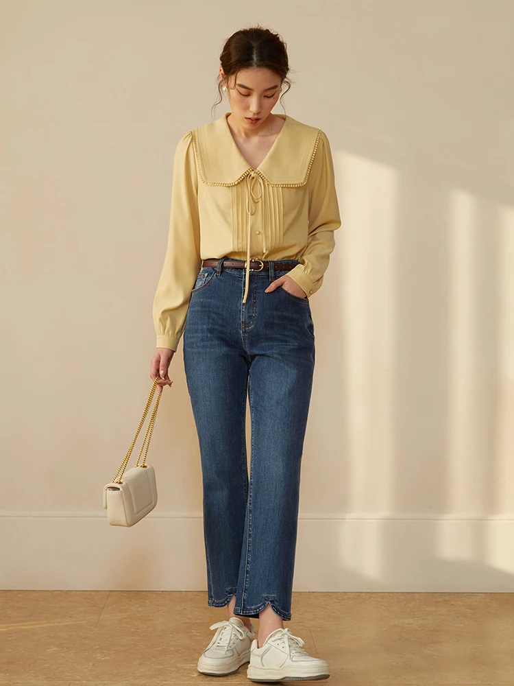 DUSHU High Waist Women Cotton Elastic Denim Jeans Office Lady White Casual All-Match Pants Scrambled Cut 2023 Spring Women Jean