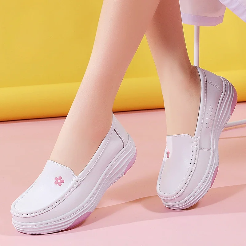 

New Women Flat Leather Nurse Shoes Casual White Wedge Soft Bottom Slip On Moccasins Comfortable Hollow Out Work Shoes