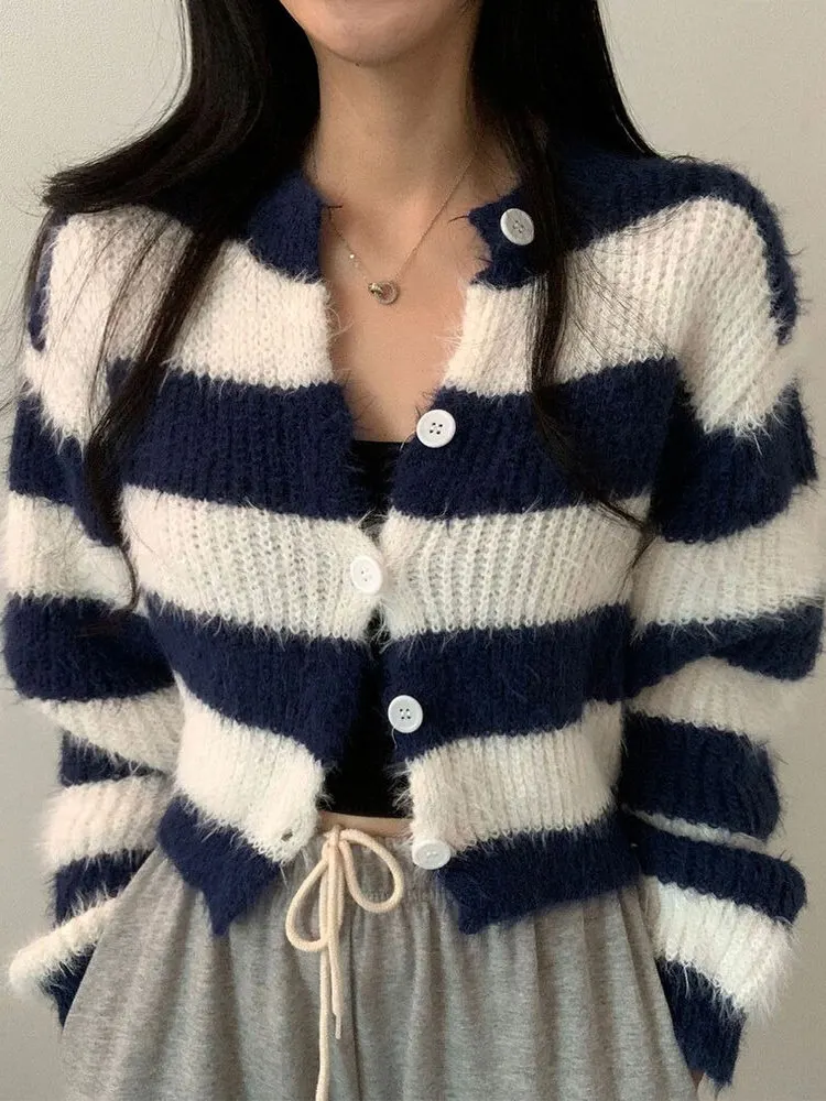 

Шикарный полосатый вязаный свитер на одной пуговице ранней осени, женский кардиган с открытым дизайном, прямая трубка pe