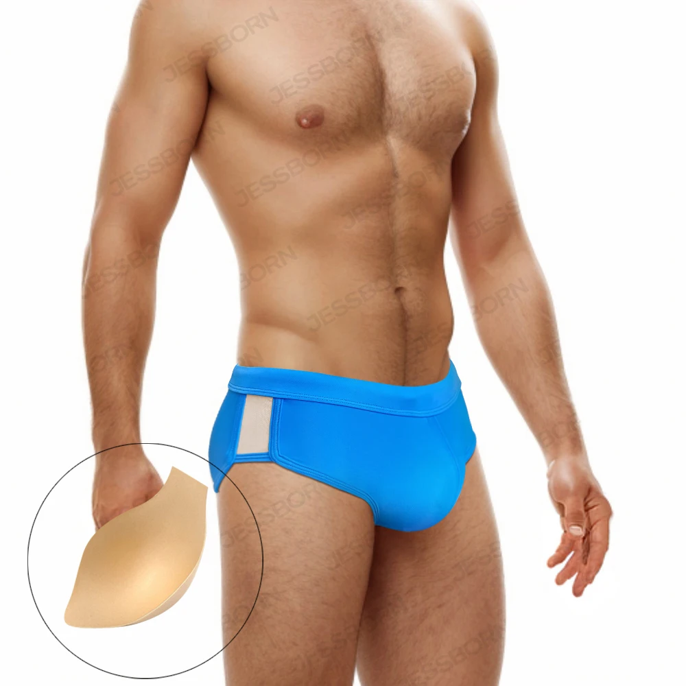 Sexy Mens Mesh Swimwear Summer Beach Pouch Pad Swimming Trunks Low Waist Solid Briefs Nylon Male Quick Dry Sport Bath Swimsuit