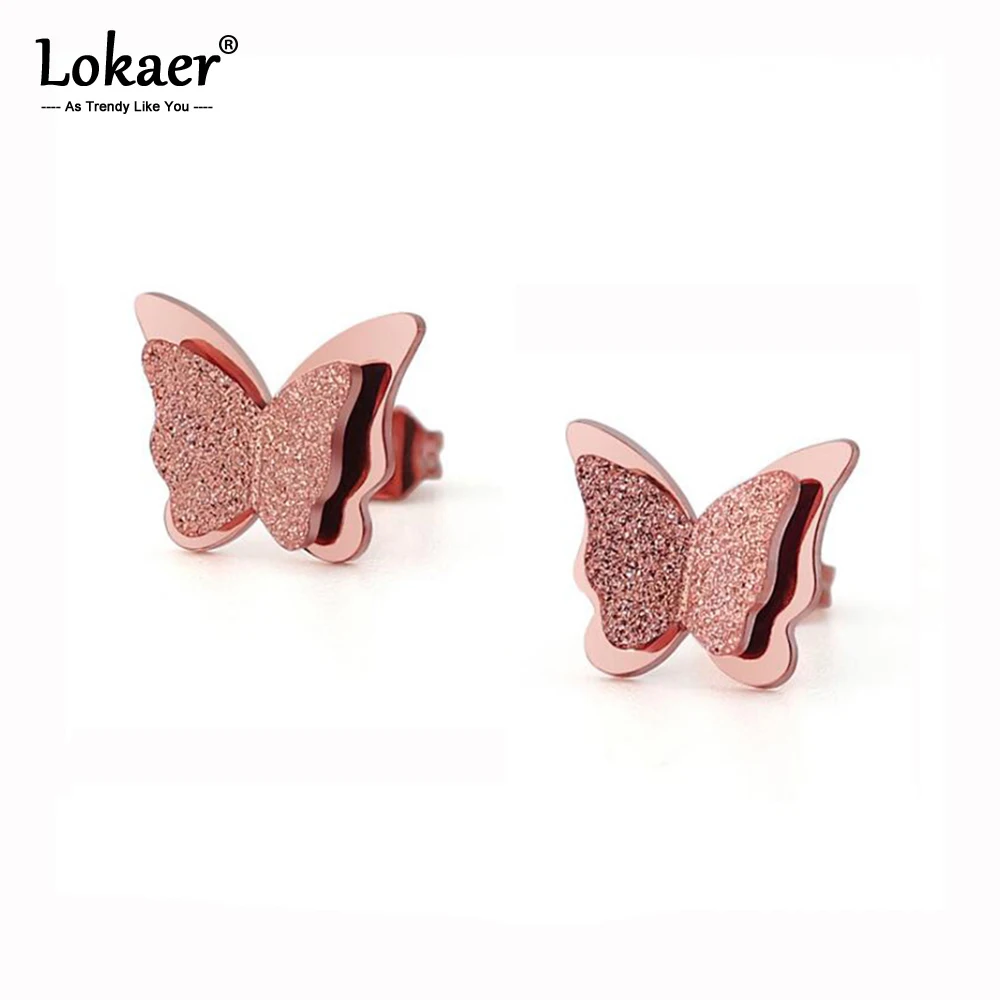 Lokaer New Design Rose Gold Color Butterfly Stud Earrings For Women Stainless Steel Cute Girl\'s Earrings Jewelry E17030