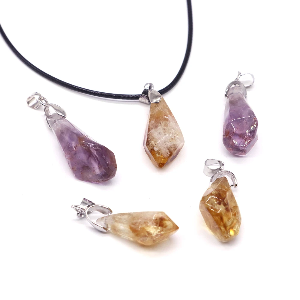 Polishing Brazil Citrine Charm Pendant Natural Crystals Healing Stones Amethyst Leather rope Necklace DIY Jewelry Making Beads