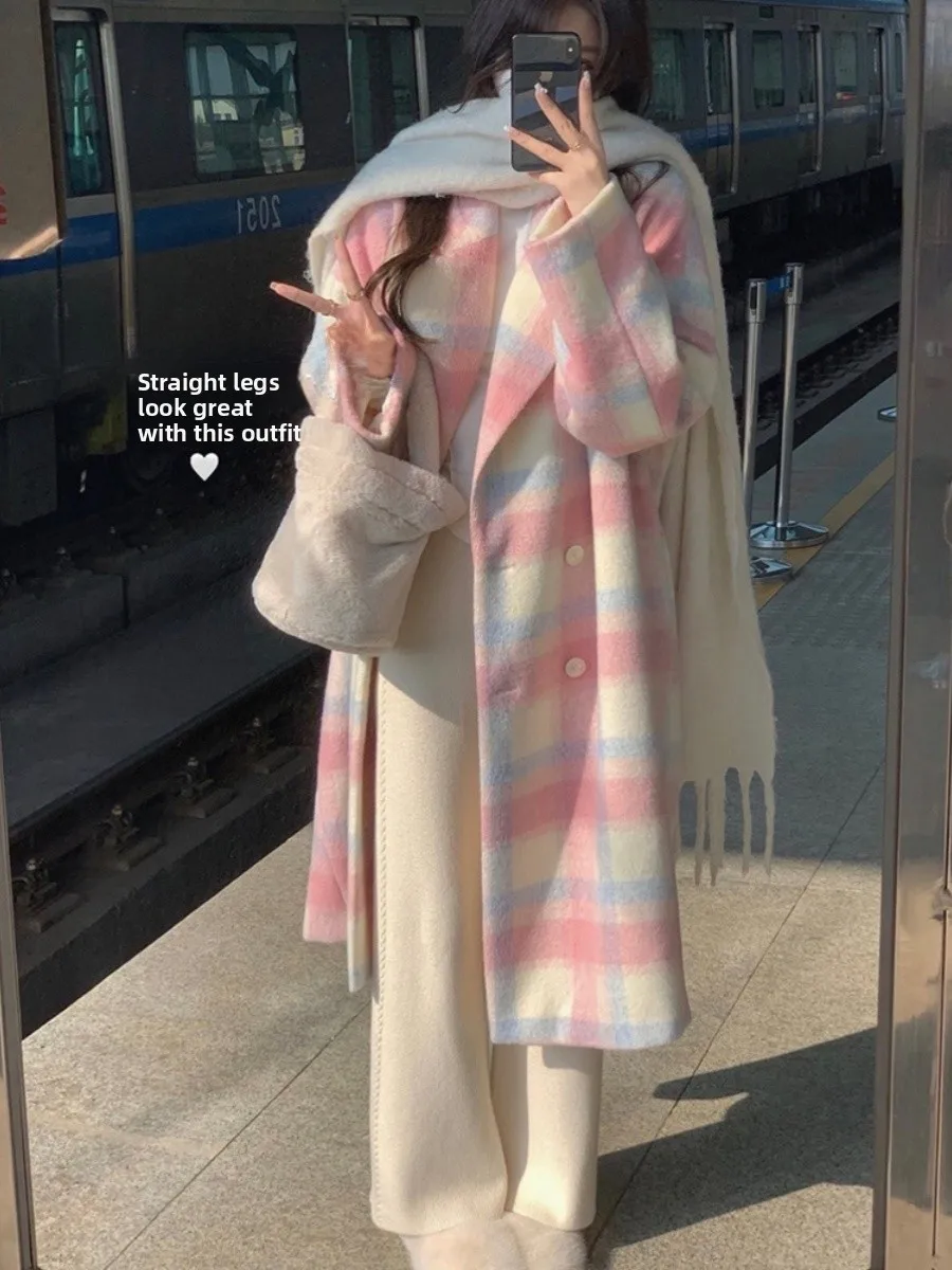 

Women's Plaid Woolen Coat Medium Length Advanced Feeling Tailor-Made Suit Sle Long Sve Winter Faion Commute Outerwear