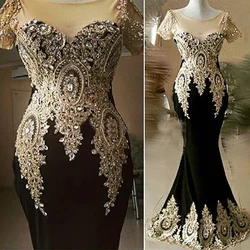Short Sleeves Black Mermaid Prom Dresses Sparkly Crystals Beads Gold Lace Appliques Women Long Evening Party Gowns